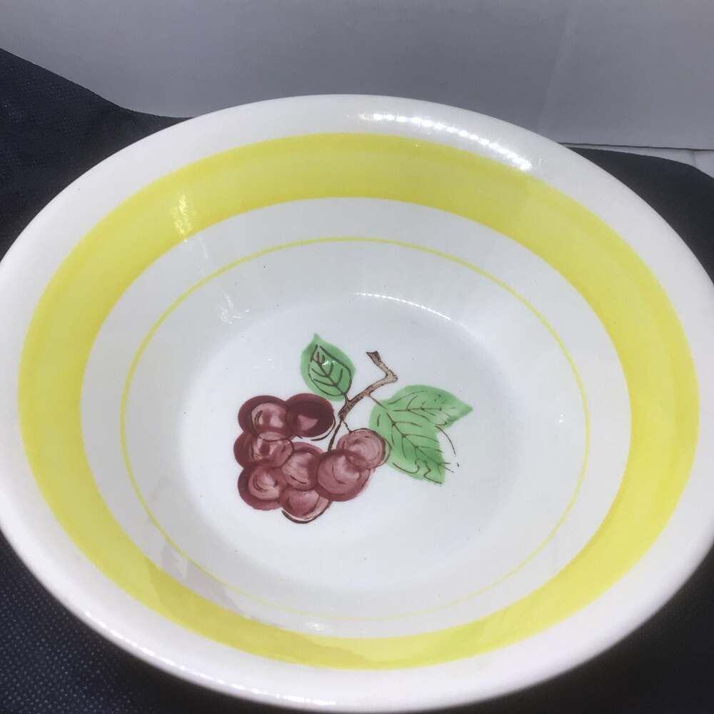 Vintage Norleans Ironstone Grapes Motif Serving Bowl with Yellow Stripes
